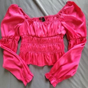Forever 21 Hot Pink Smocked Puff Sleeve Blouse Off Shoulder Crop Top - S